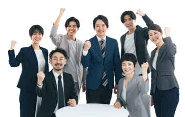 ガッツポーズする幅広い世代のビジネスパーソンのグループ　手作業で精密に切り抜いた背景透過全身写真PN