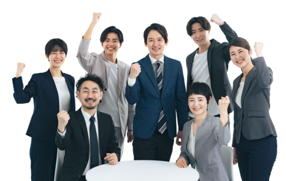 ガッツポーズする幅広い世代のビジネスパーソンのグループ　手作業で精密に切り抜いた背景透過全身写真PN