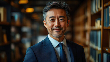 Fototapeta premium Confident Asian businessman in formal attire smiling in a warehouse environment