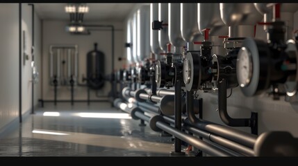 Fototapeta premium Industrial Piping System with Gauges and Valves