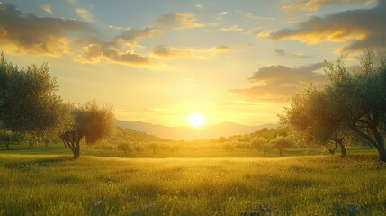 Fototapeta premium Golden sunset over a meadow with trees