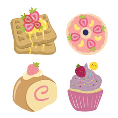 Cake vector strawberry confectionery cupcake and sweet dessert illustration confected donut with chococream and sweets in bakery set isolated on white background, waffle, donuts, cheesecake, rolled ca