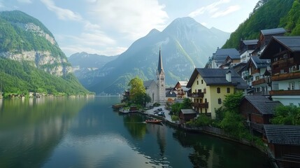 Scenic village nestled in mountains by lake