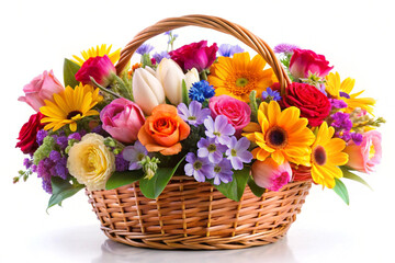 Fototapeta premium Bouquet colorful spring flowers in wicker basket,isolated on White background