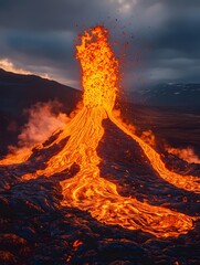Molten lava erupts from a volcano, creating a fiery spectacle against a dramatic sky.