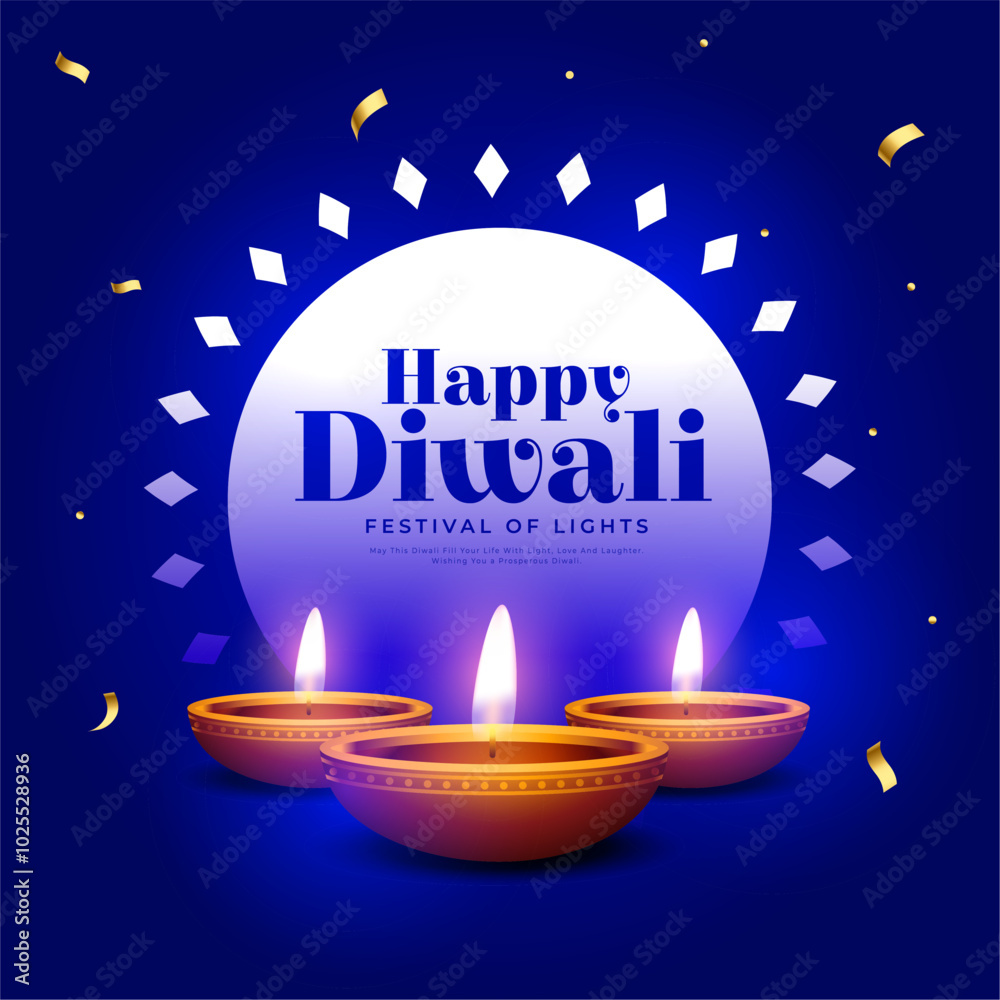 Wall mural glowing diwali diya blue background with golden confetti decor