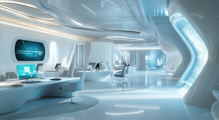 Futuristic office space with sleek, white design and advanced technology.