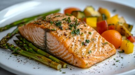 A close-up of a grilled salmon fillet with asparagus and roasted vegetables on a white plate.