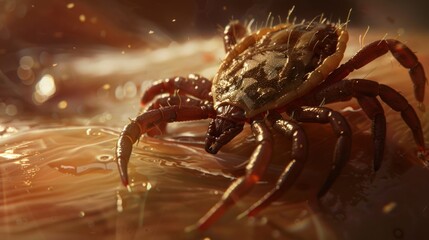 Close-up of a tick on human skin with blurred background