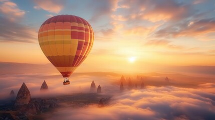 Obraz premium Hot air balloon flying over clouds at sunrise