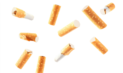  Cigarette stubs falling in the air on transparent background