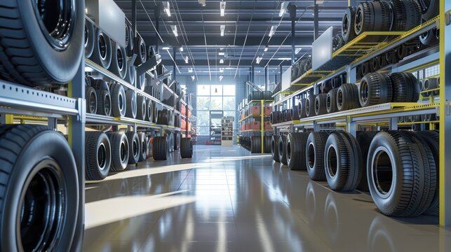 Rows of Tires Stacked in a Warehouse