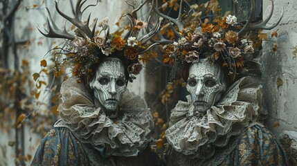 Obraz premium Two Figures in Elaborate Costumes with Antlers and Flowers