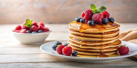 Delicious homemade pancakes with berries and syrup on white plate