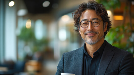 Fototapeta premium Smiling young Asian man holding a coffee cup in a bright and modern cafe