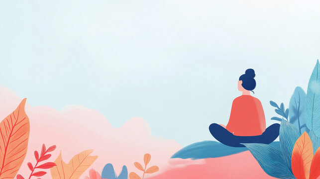 A person sits cross-legged in a tranquil setting, surrounded by vibrant leaves, focusing on meditation to enhance mental well-being and psychological health, copy space