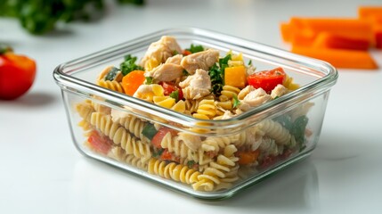 A glass container filled with a healthy pasta salad with chicken, tomatoes, carrots, and parsley.