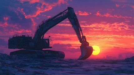 Fototapeta premium Excavator Silhouetted Against a Vibrant Sunset