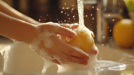 A candid photo of a child in a kitchen washing their hands with soap after playing outside The water splashes lightly over the sink as the child s hands are vigorously scrubbed