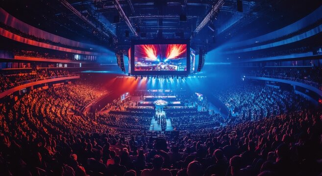 Spectacular esports arena filled with a cheering crowd under vibrant lights.
