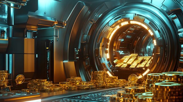 A futuristic vault filled with gold bars and coins, with advanced security systems