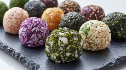 Colorful Rice Balls on Slate Serving Tray