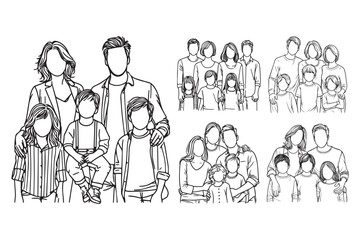 A hand-drawn line art illustration of a happy big family together