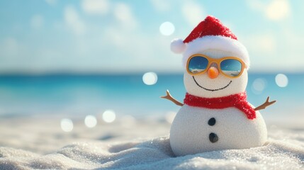 Cute snowman on sandy beach with blue sea