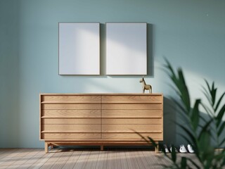 living room interior background with credenza and mockup poster frame. 3d rendering