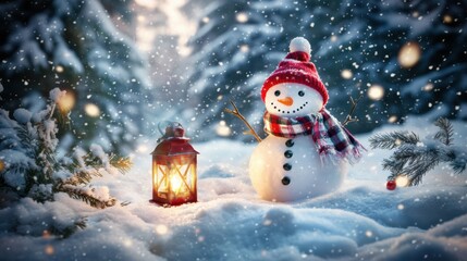 Obraz premium Cute snowman. Winter holiday theme.