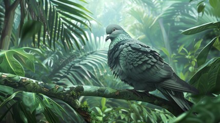 Obraz premium A Green Pigeon Perched on a Branch in a Tropical Rainforest