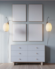 modern bedroom interior background with credenza and mockup poster frame. 3d rendering
