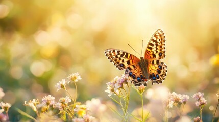 Obraz premium A Butterfly Resting on White Flowers in a Field of Golden Sunlight
