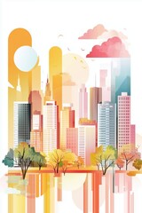 Naklejka premium Cityscape Dreamscape: An abstract and vibrant illustration of a modern city skyline, bathed in the warm hues of sunset, with stylized trees and clouds adding to its artistic charm., abstract minimal 