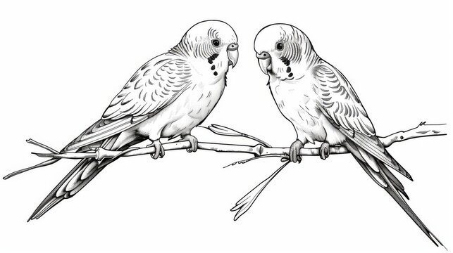 Elegant Line Art of Parakeets on a White Background