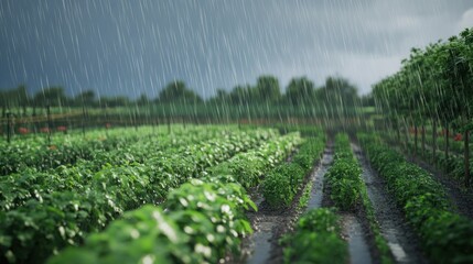 Rain falling gently over sustainable farms, highlighting eco-friendly irrigation systems, ideal for promoting sustainable farming practices and green agriculture.