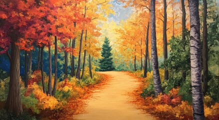 Fototapeta premium Vibrant autumn forest landscape with a sunlit path and colorful foliage.