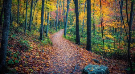 Obraz premium A scenic autumn forest path lined with vibrant fall foliage, creating a serene and colorful landscape.