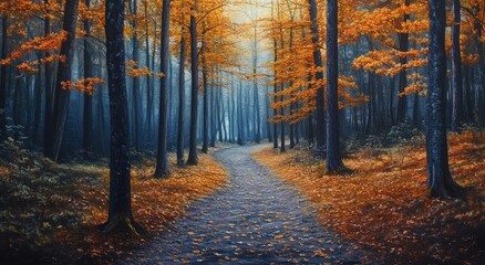 Fototapeta premium Enchanting autumn forest path lined with vibrant orange leaves under a serene, dappled sky.