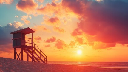 A lifeguard stand on a sandy beach at sunset with the sun shining through the clouds