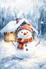 Obraz premium Cute snow man in snow field with cozy house. Winter holiday theme.
