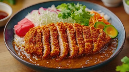 Crispy Fried Chicken Cutlet with Side Dishes and Sauce