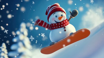 Fototapeta premium Cute snowman ski in snow field in mountain.