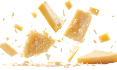 Slices of Parmesan cheese falling on transparent background