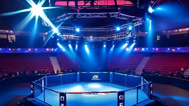 A large MMA ring prominently centered in a vast arena, surrounded by rows of bright red seats ready for an exciting match.