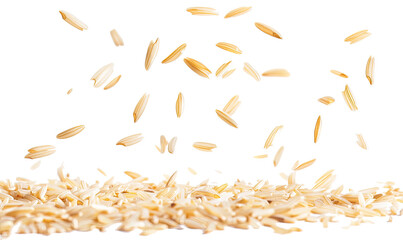  Fresh long brown rice, uncooked and hulled falling on transparent background