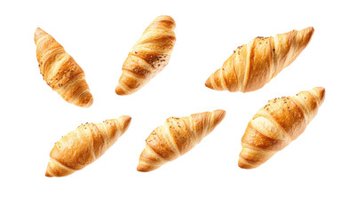 French baguette and croissant falling on transparent background