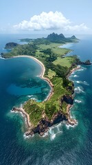 Fototapeta premium A lush, green island with a sandy beach and rocky cliffs, surrounded by crystal-clear blue waters, creating a breathtaking view from above.