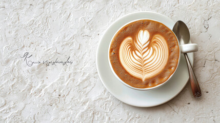 beautifully crafted latte featuring heart and rosette design, served in white cup on textured surface. warm tones of coffee create cozy atmosphere