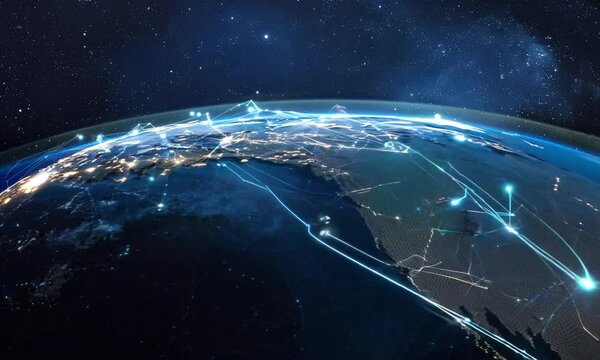 Earth at night with line connection accross the earth 